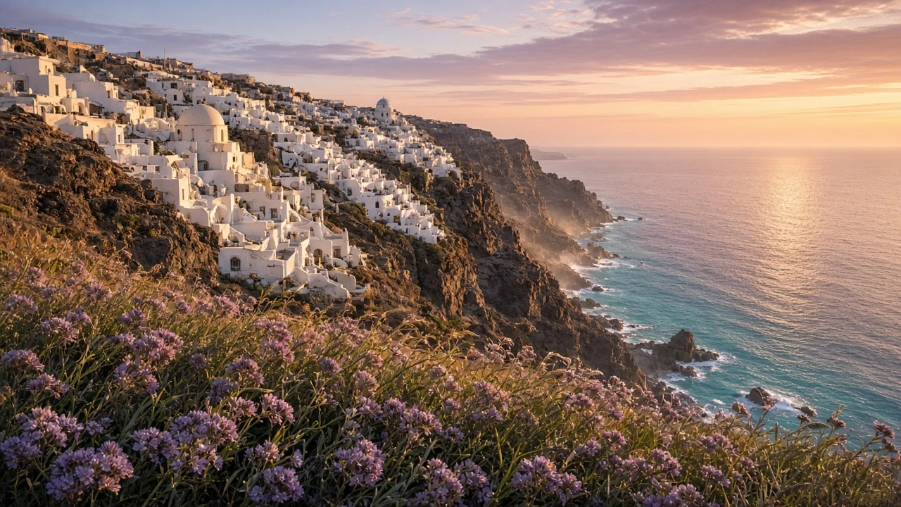 Panoramic Cliffside Whitewashed Settlement at Sunset