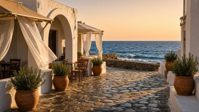 Sun-Drenched Coastal Promenade with Fluttering Canvases