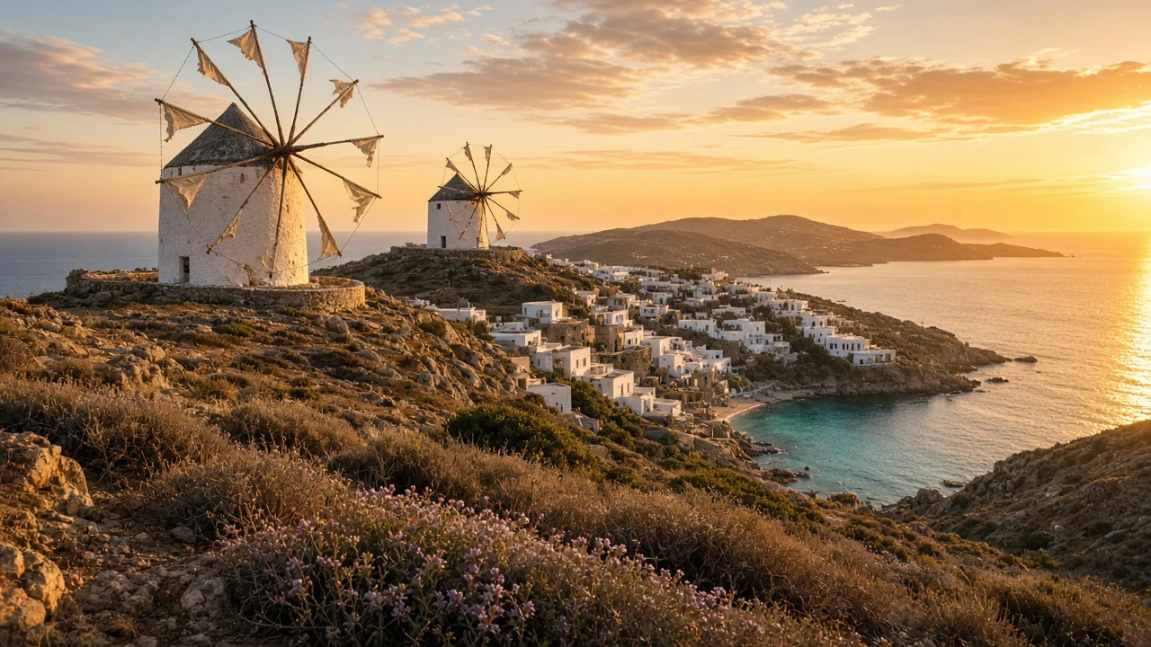 Sunlit Windmills on the Coastal Ridge Overlooking the Bay