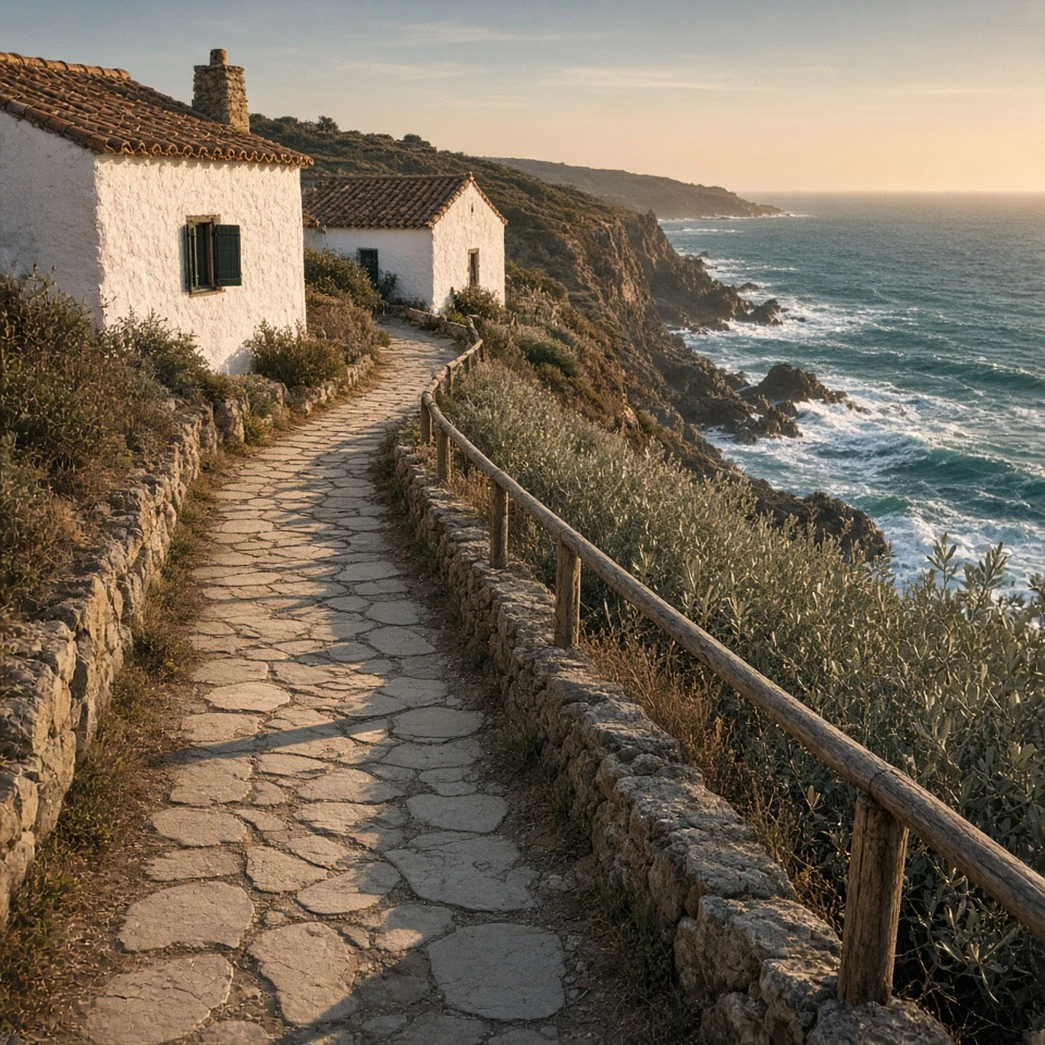 Coastal Footpath Leading Around White Cliffside Homes