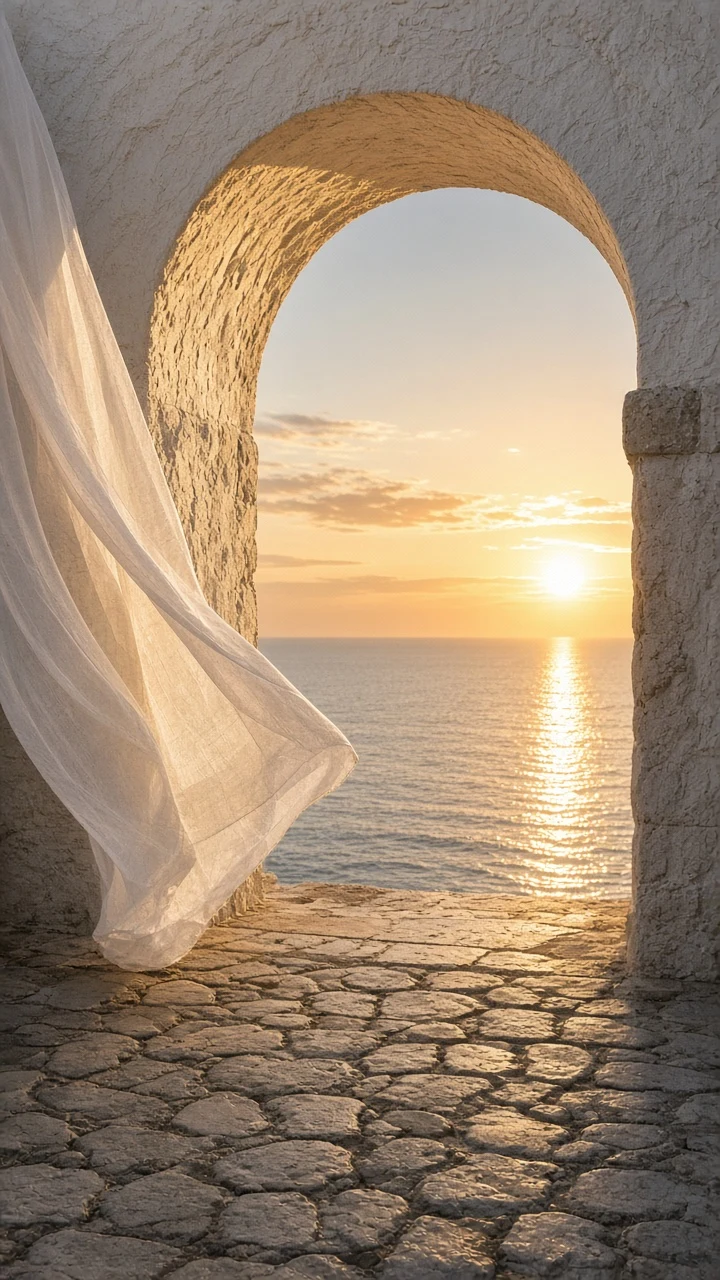 Dramatic Vertical Archway Framing the Golden Sea Horizon