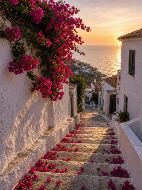 Stairway to the Horizon with Bougainvillea and White Stucco