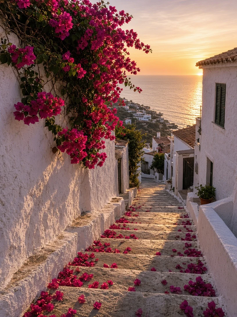 Stairway to the Horizon with Bougainvillea and White Stucco