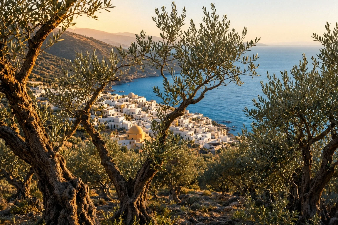 Olive Grove Margin Descending into Whitewashed Village