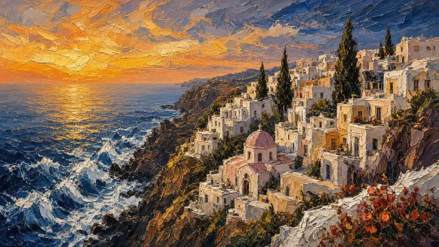 Impasto Oil Painting of Coastal Village in Golden Twilight