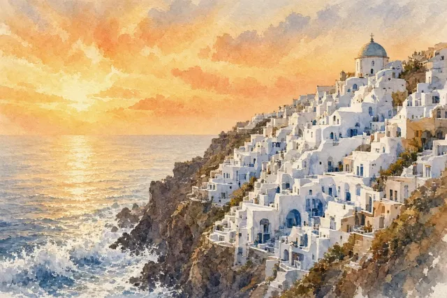 Luminous Watercolor of Cliffside Village and Breezy Headland