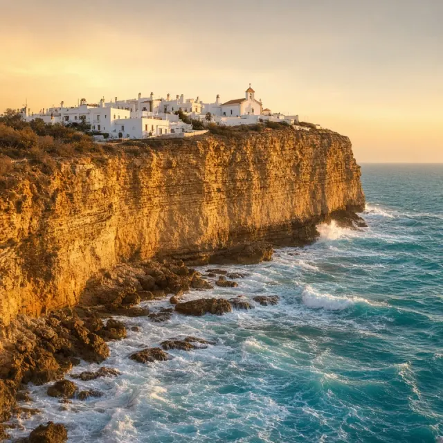 Monumental Coastline Vista with Perched White Chapel