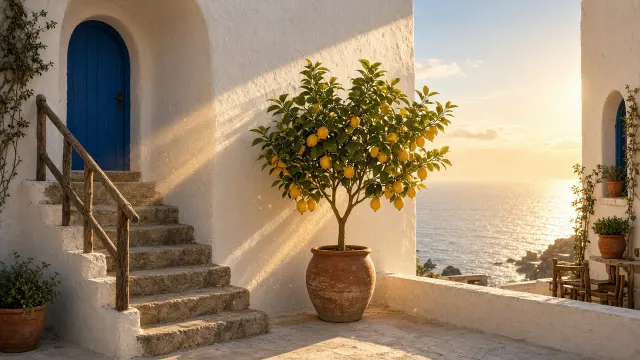 Charming Stepped Courtyard with Wind-Blown Lemon Tree