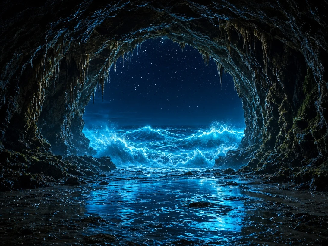 Sea Cave Portal Looking Out to Luminous Midnight Surf