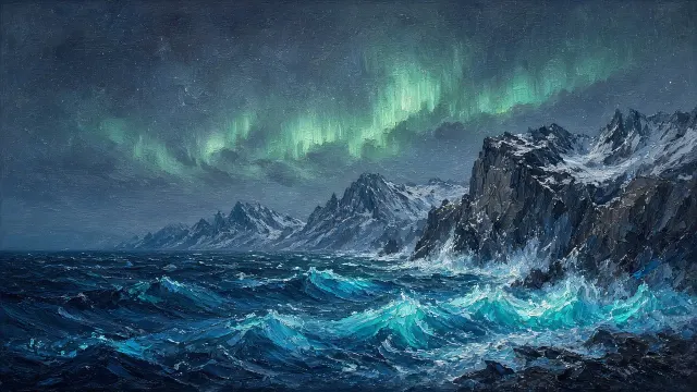 Fjord Headland Breakers Under Subdued Northern Aurora
