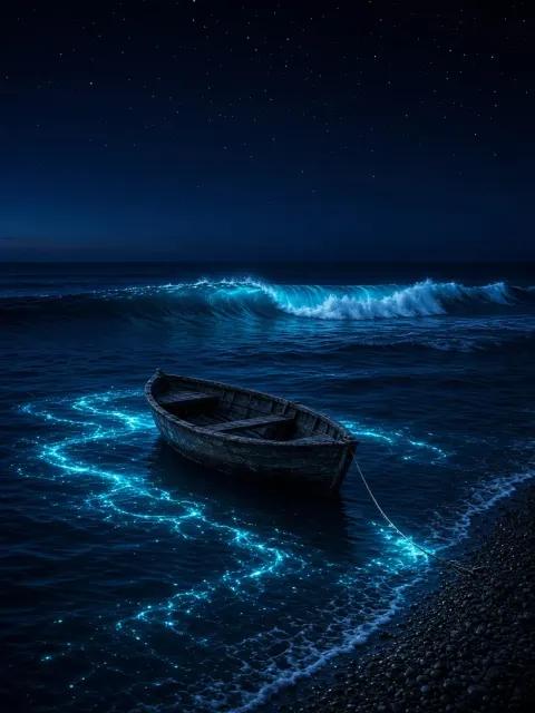 Moored Wooden Dinghy Outside Luminous Shorebreak