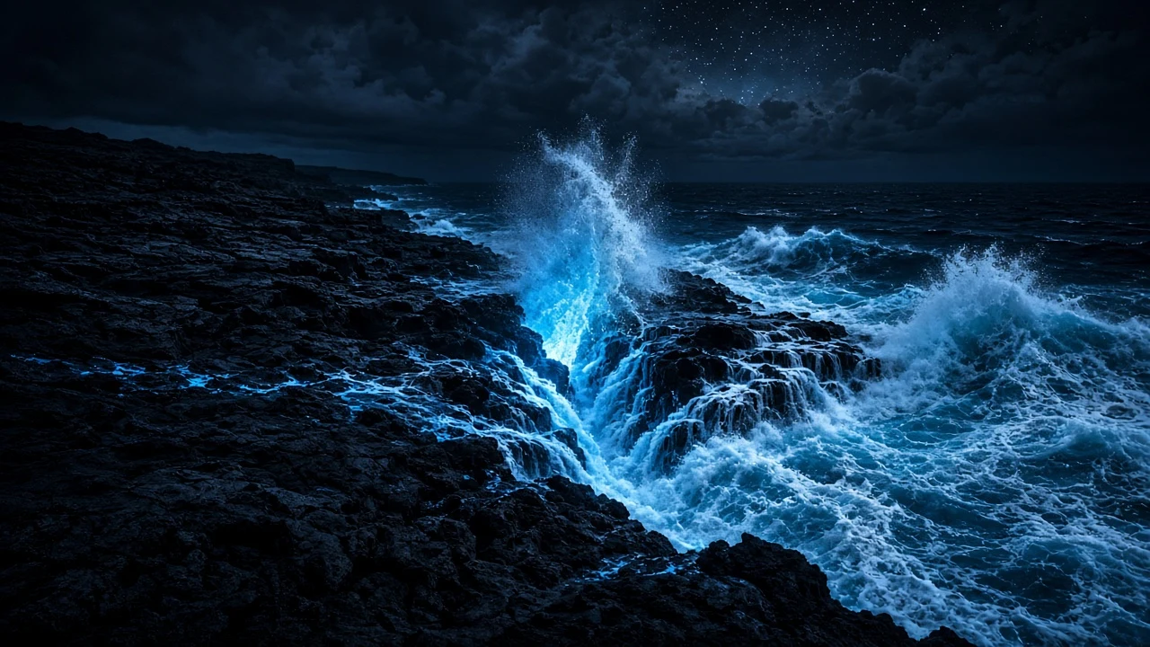 Lava Rock Benches Churning with Electric Foam Trails