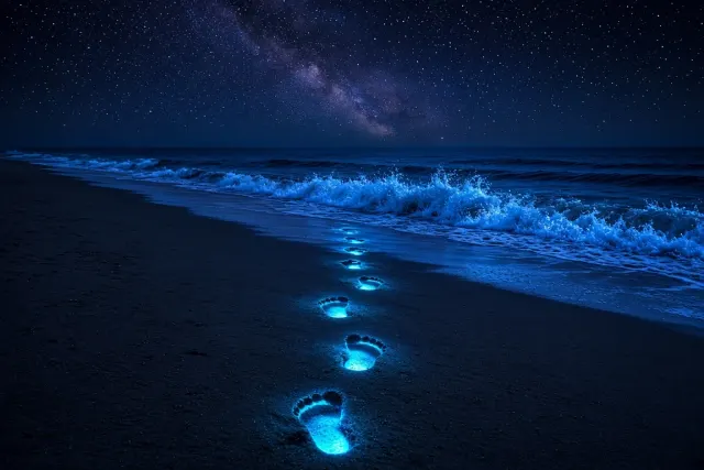 Glowing Footprints Leading Toward Radiant Ocean Breakers