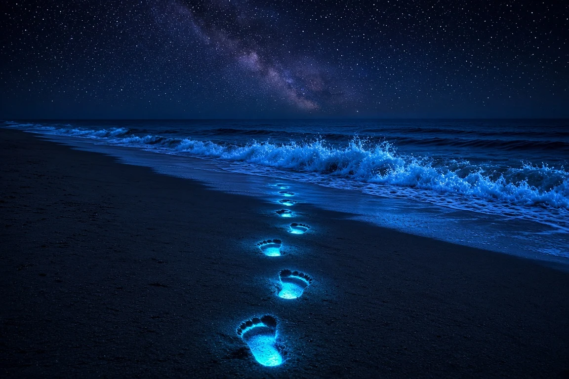 Glowing Footprints Leading Toward Radiant Ocean Breakers