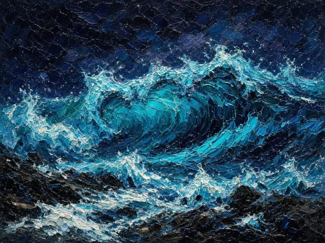 Impasto Oil Study of Phosphorescent Cresting Wave