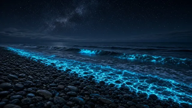 Tranquil Pebble Shoreline Swash with Vast Dark Sky