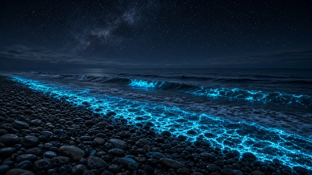 Tranquil Pebble Shoreline Swash with Vast Dark Sky
