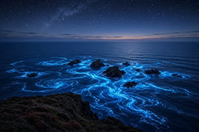 Clifftop Vantage Over Glowing Eddies and Offshore Islets
