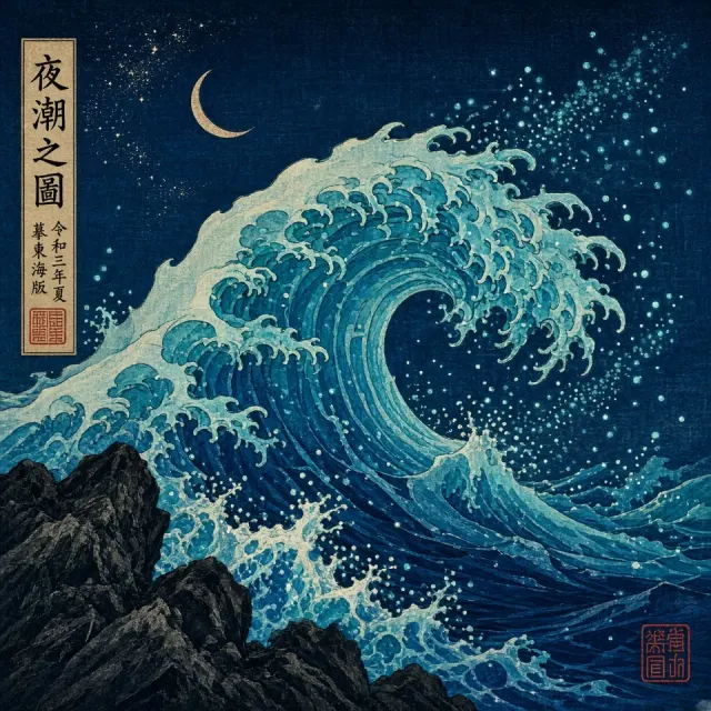 Japanese Woodblock Interpretation of Luminous Rolling Breakers