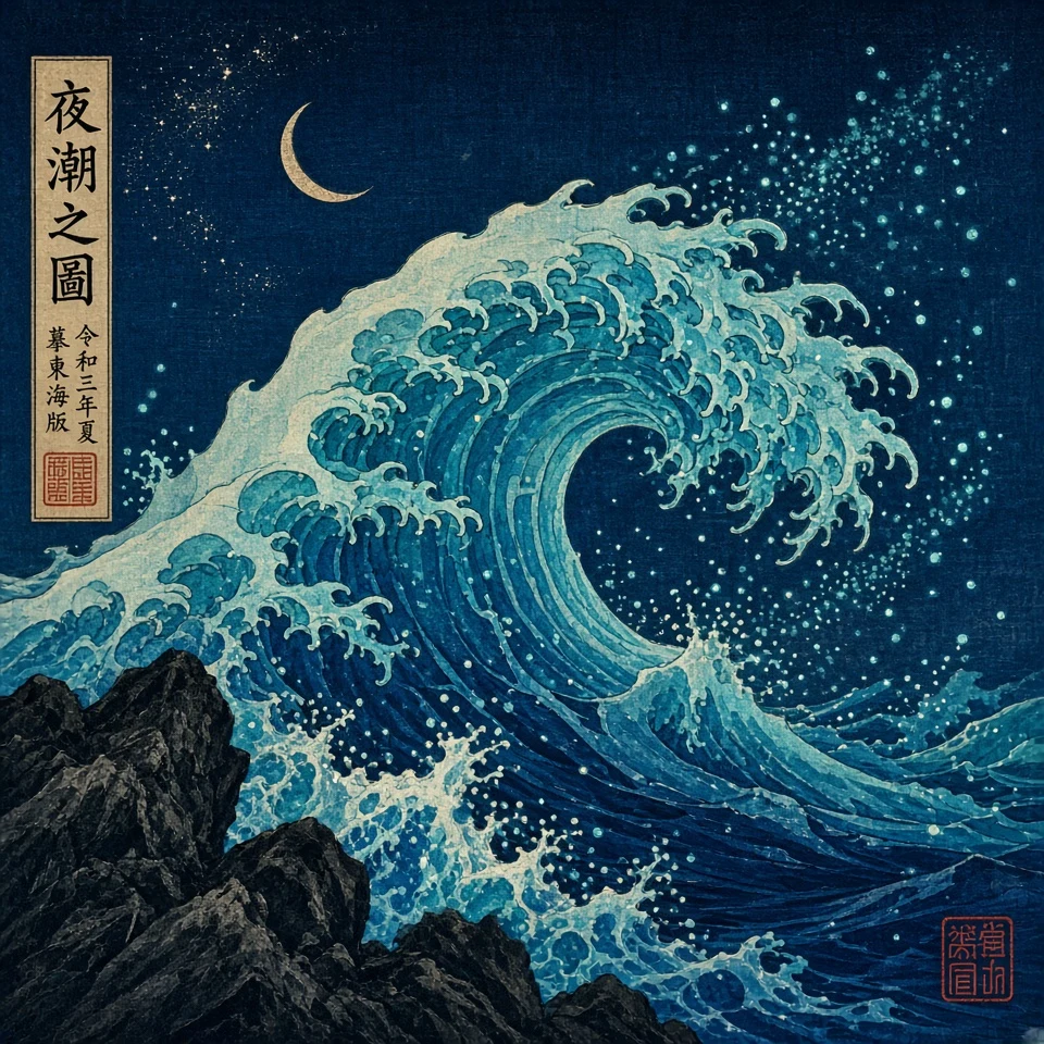 Japanese Woodblock Interpretation of Luminous Rolling Breakers