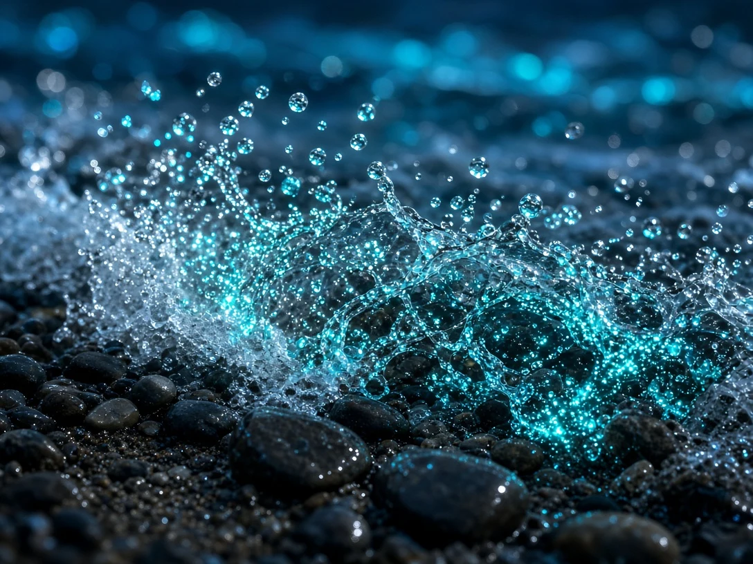 Macro Impact of Bioluminescent Foam Splash on Shore