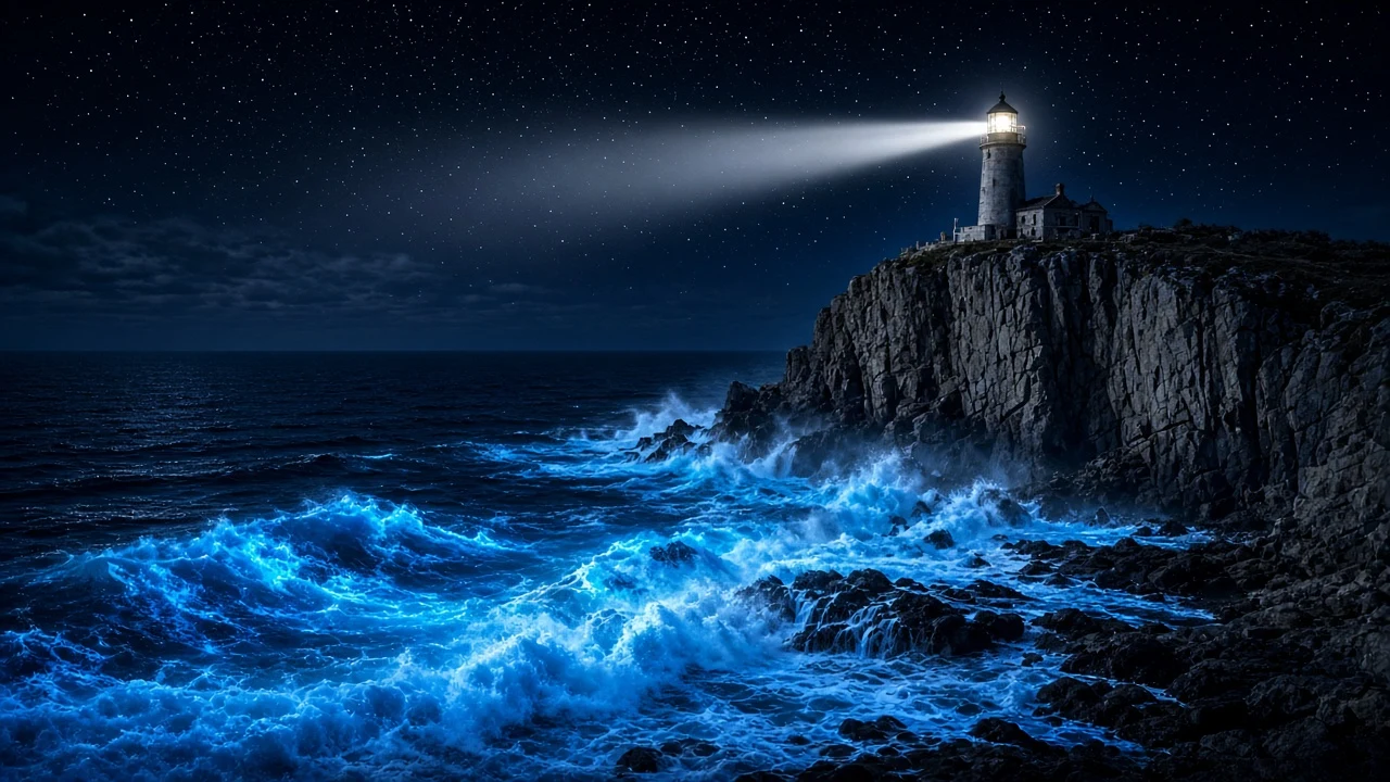 Lighthouse Silhouette Above Tumultuous Phosphorescent Surf