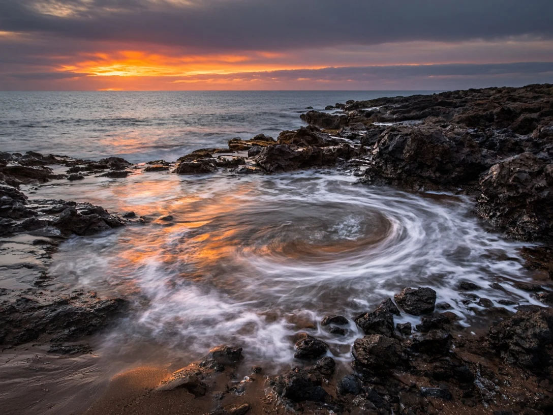 Tidal Shoreline Foam Swirl at Golden Dusk