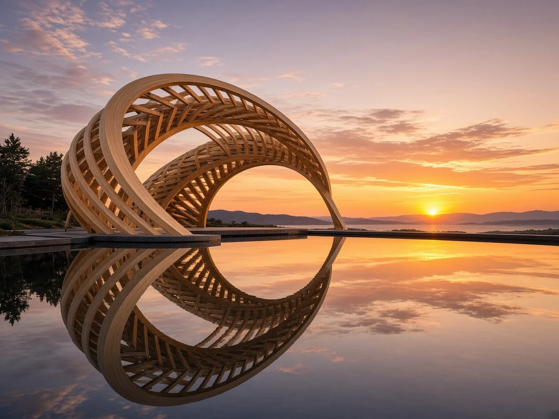 Parametric Timber Spiral Pavilion in Evening Light