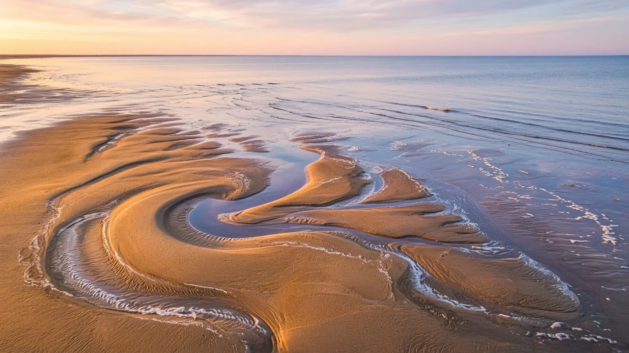 Aerial Sandbar Spiral Eddies at Low Tide Sundown