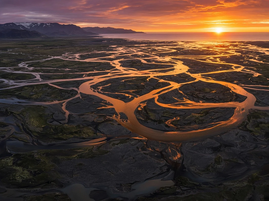 Aerial River Delta Meander in Dusky Gold
