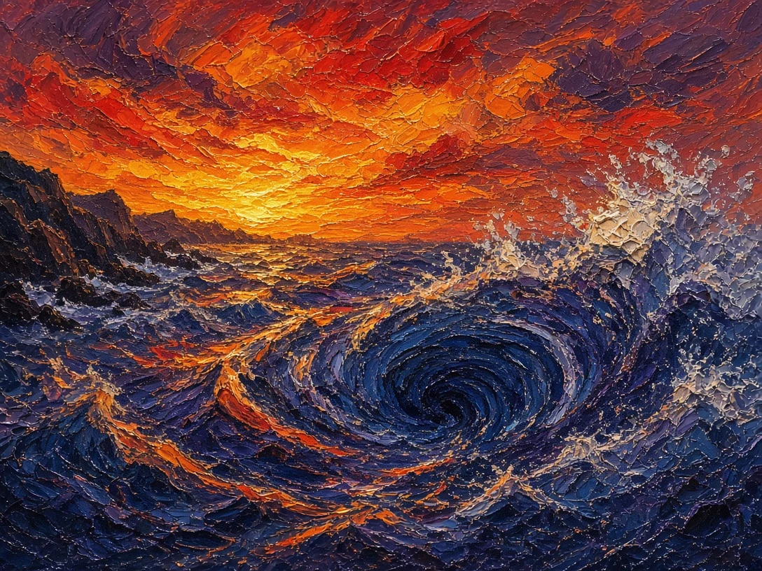 Impasto Palette Knife Churning Ocean Vortex