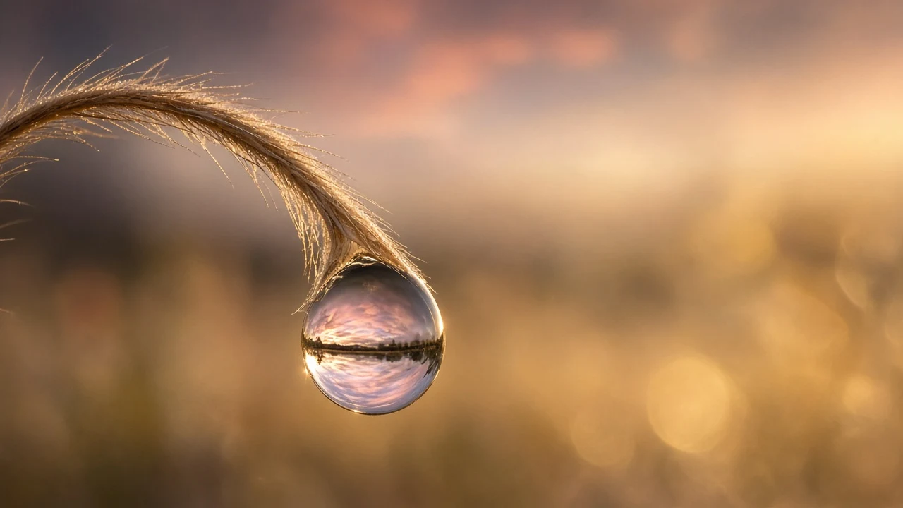 Dewdrop Macro Reflecting Golden Hour Horizon Spiral