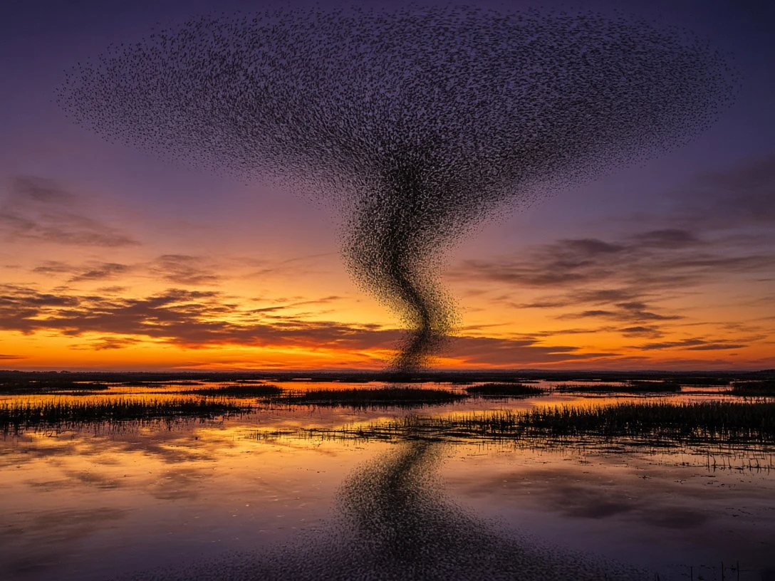 Starling Murmuration Vortex Over Flaming Marshlands