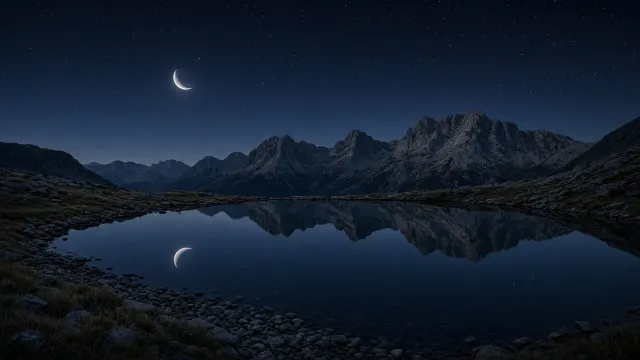 Reflective Glacial Tarn Under a Slender Crescent Moon