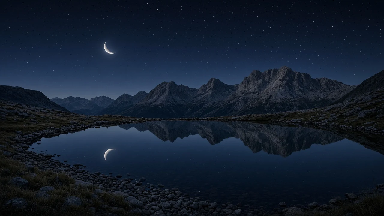 Reflective Glacial Tarn Under a Slender Crescent Moon