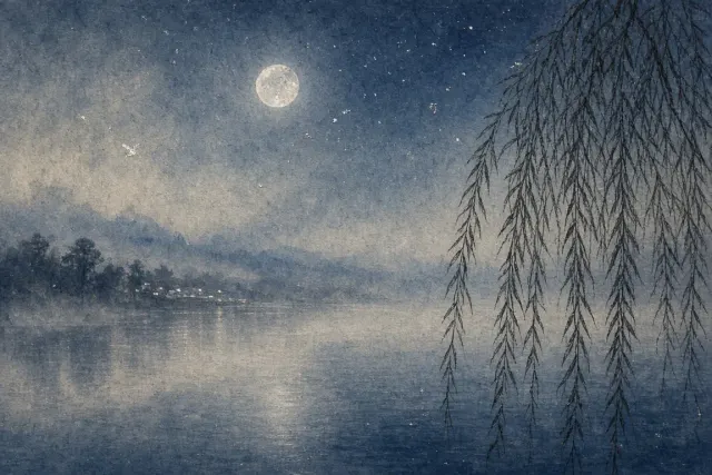 Quiet Willow Silhouette and Silver Moon in Japanese Ink Wash