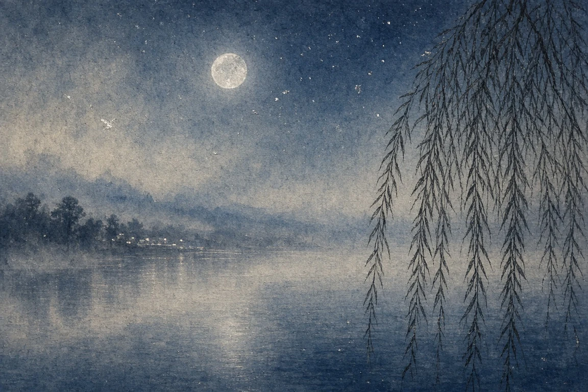 Quiet Willow Silhouette and Silver Moon in Japanese Ink Wash