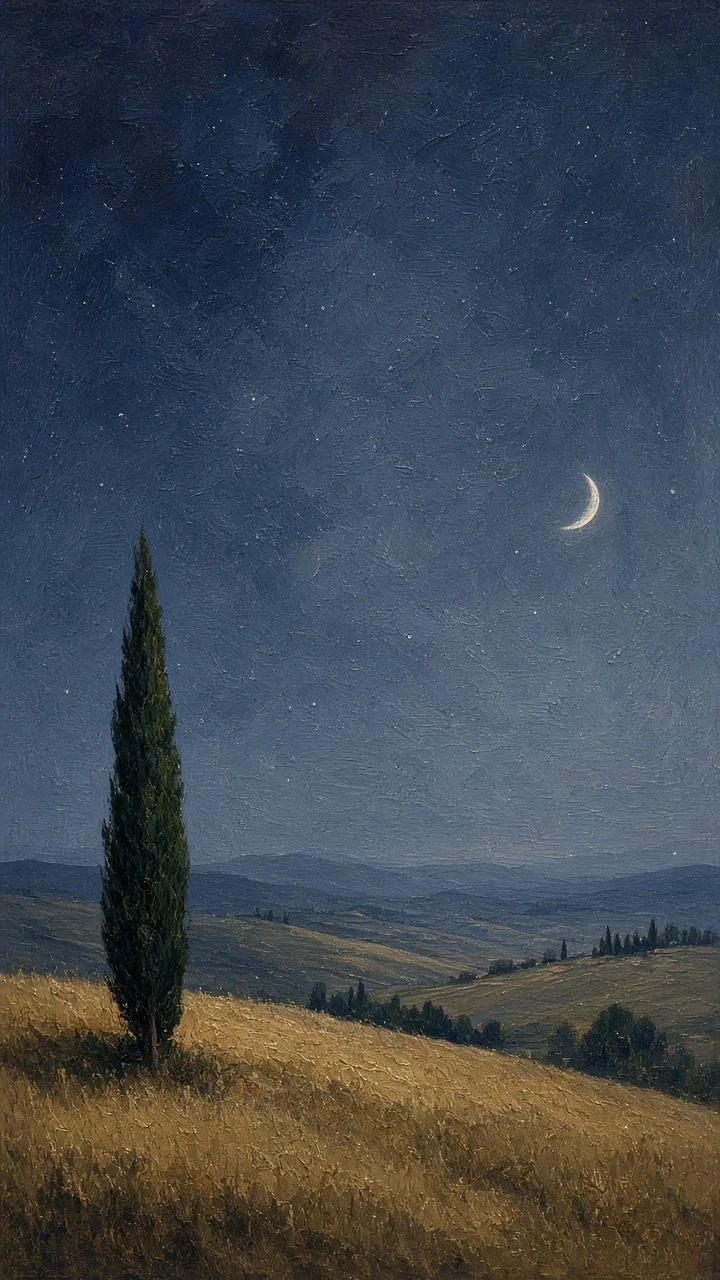 Solitary Tuscan Cypress Under Waning Crescent in Oil