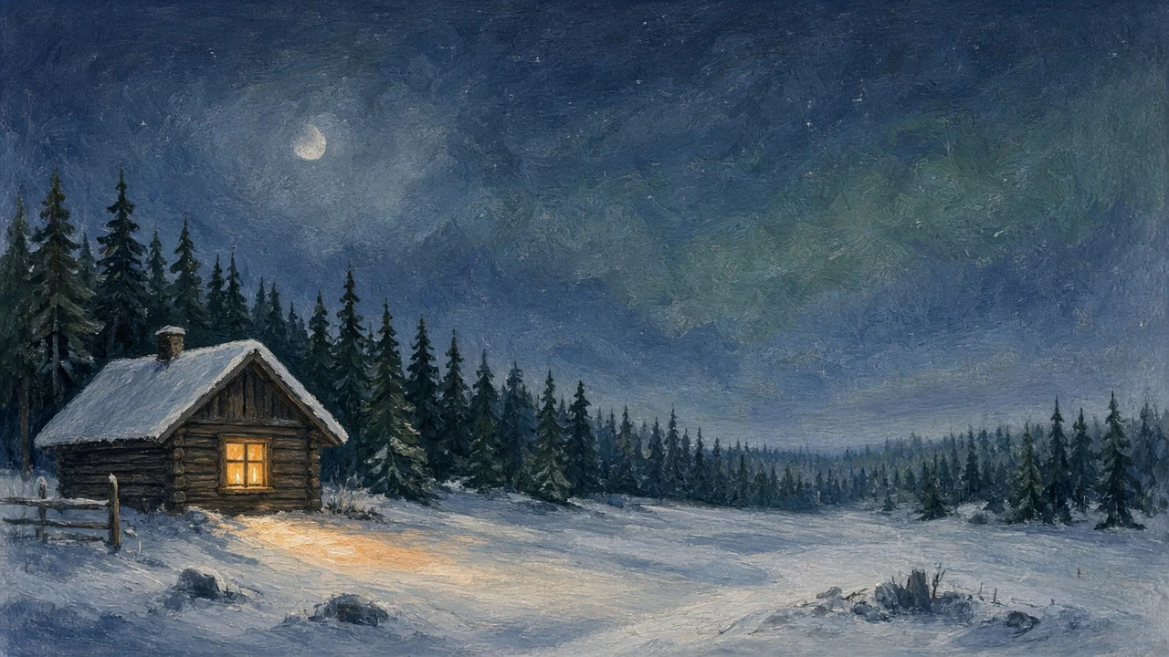Nordic Timber Cabin Beneath an Arctic Night Sky in Gouache