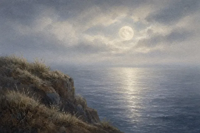 Coastal Headland and Diffuse Full Moon in Soft Pastel