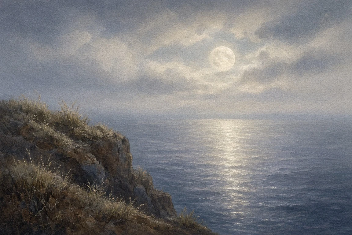 Coastal Headland and Diffuse Full Moon in Soft Pastel