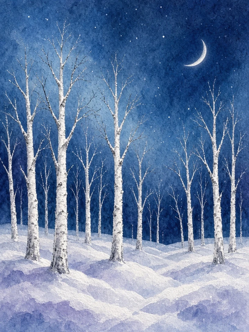 Winter Birch Trunks Under a Silver Crescent Watercolor