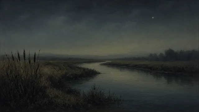 Tonalist River Bend with Reeds in Indigo and Payne's Grey