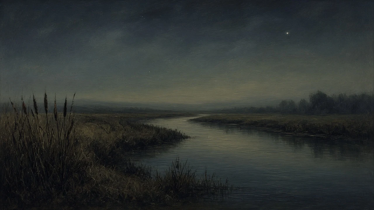 Tonalist River Bend with Reeds in Indigo and Payne's Grey