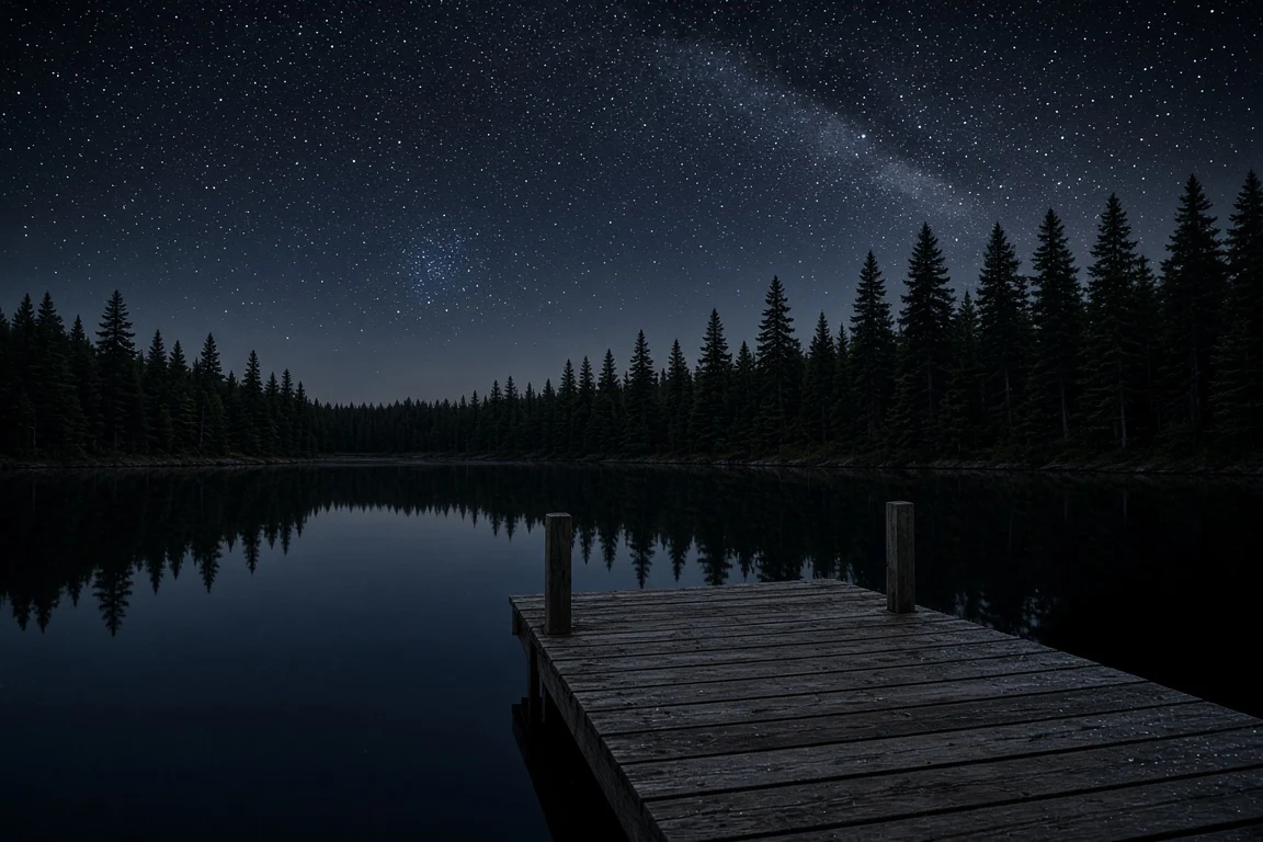 Adirondack Wooden Dock on Still Forest Lake at Midnight