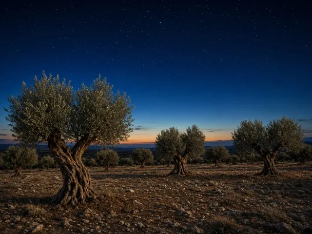Ancient Olive Grove Sleeping Under Mediterranean Twilight Sky