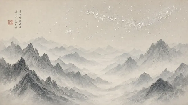 Panoramic Mountain Ridges in Japanese Sumi-e and Silver Leaf