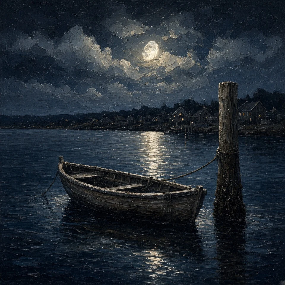 Resting Dory Boat in Quiet Harbor Night Oil Painting