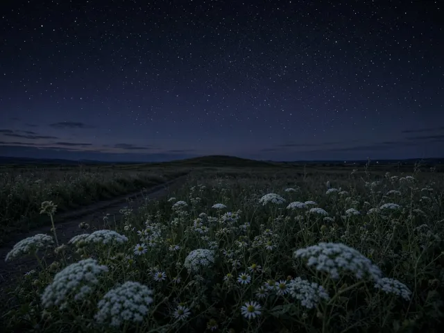 Quiet Meadow Path Toward Starlit Horizon
