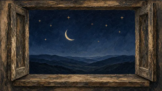 Rustic Window View of Midnight Sky in Mixed Media